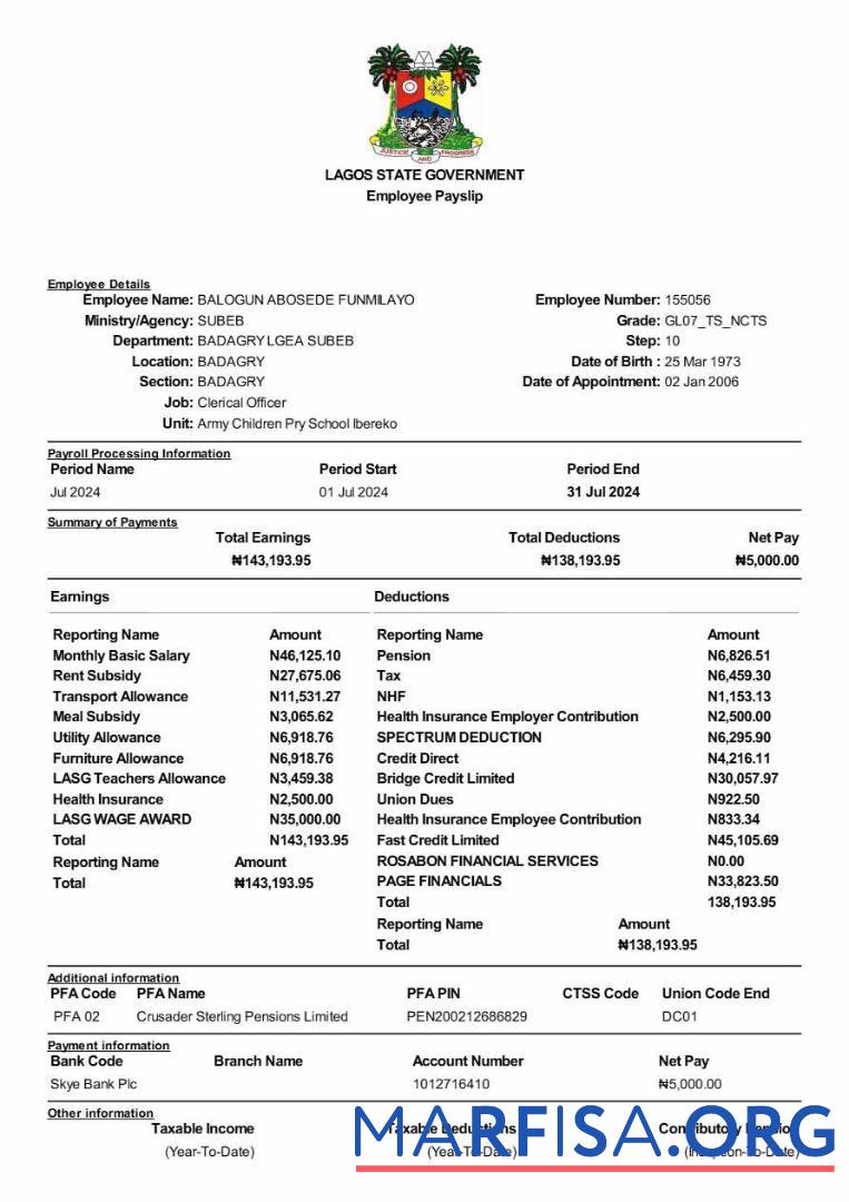 Printable Lagos State Government employee payslip, version 2 sample